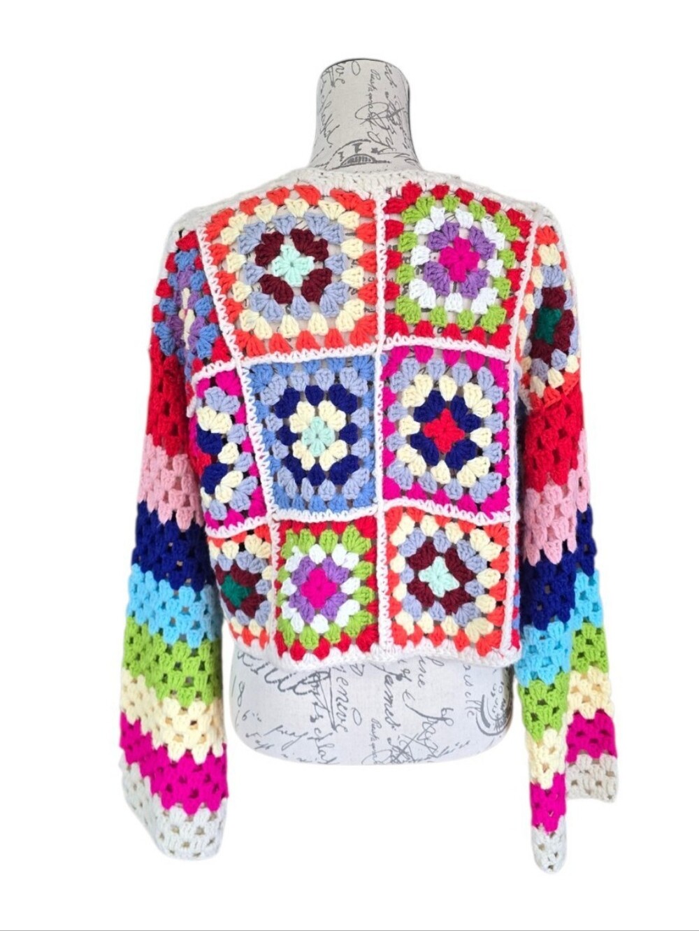 Revel Crochet Granny Square Cream Multicolor Cropped Cardigan Sweater S - Picture 2 of 7